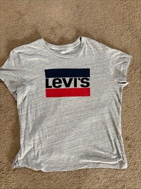 Levi's Heather Gray Tee with Navy and Red Logo Bars